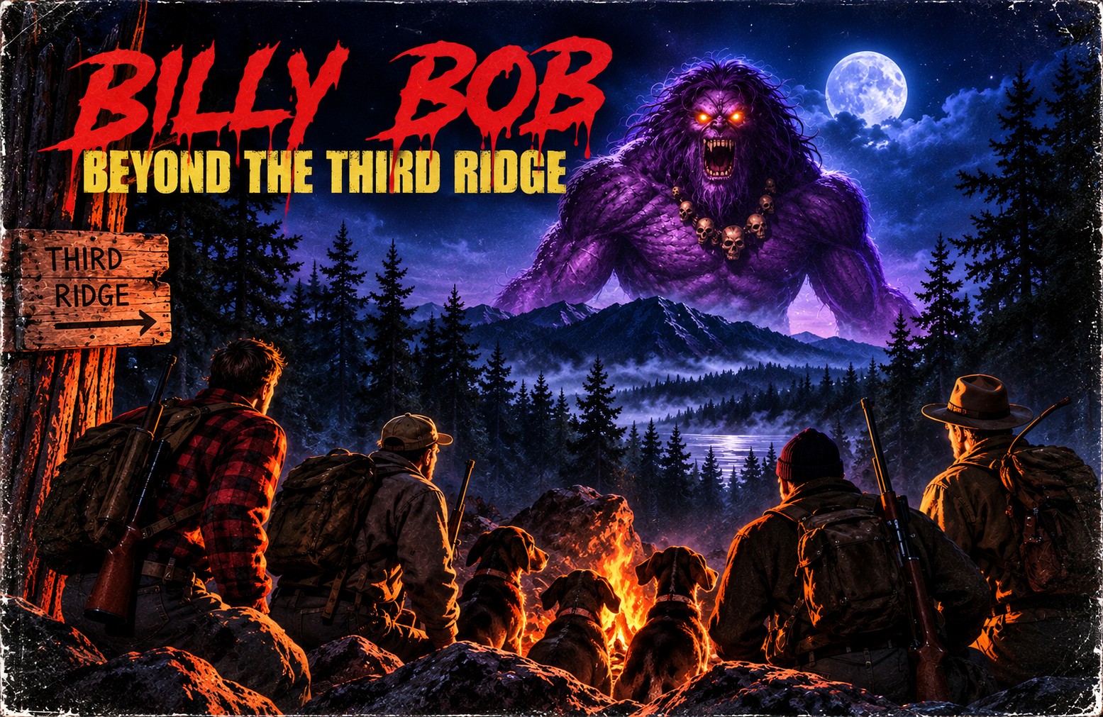 Billy Bob: Beyond the Third Ridge—four hunters and their dogs at a campfire as the purple giant looms over the mountain ridge