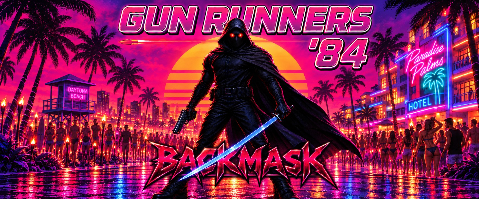 A black-masked assassin with glowing red eyes stands before the neon Paradise Palms hotel sign during Daytona Beach Spring Break, 1984
