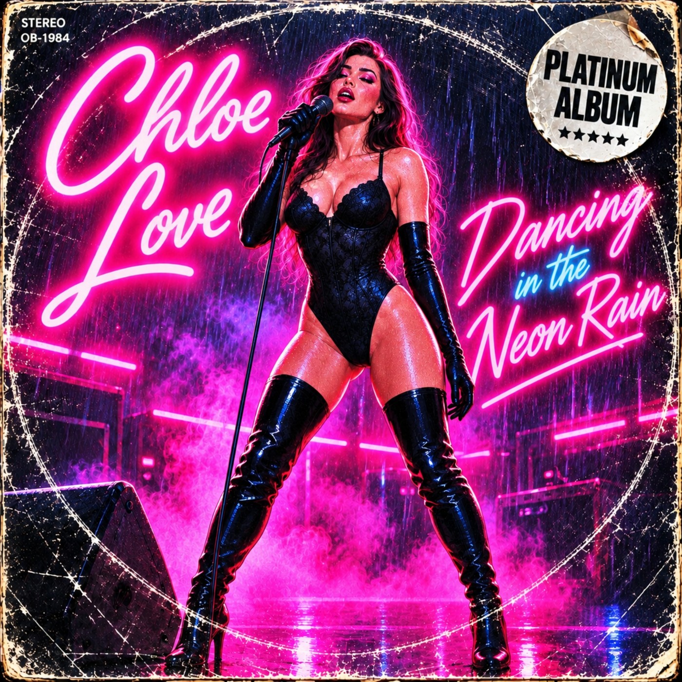 Dancing in the Neon Rain album cover: Chloe Love singing in the rain under pink neon, Platinum Album seal in the corner