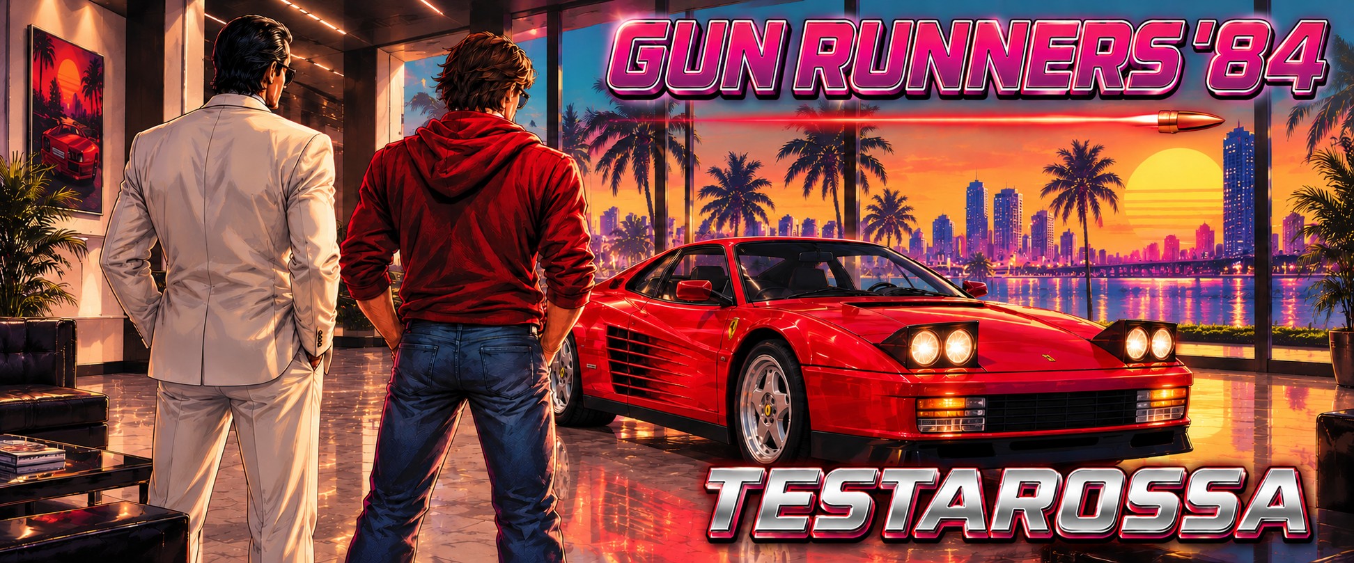 Two men look on at a red Ferrari Testarossa inside a Miami showroom at sunset
