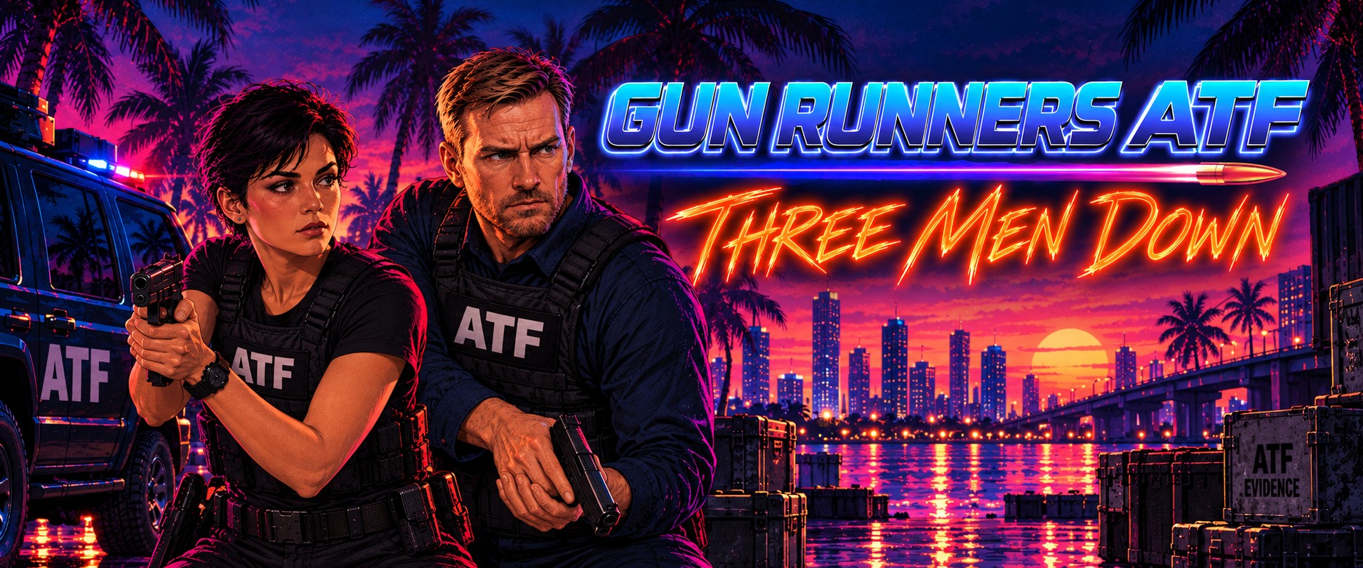 Two ATF agents in tactical vests draw their pistols at a Miami dockside at sunset