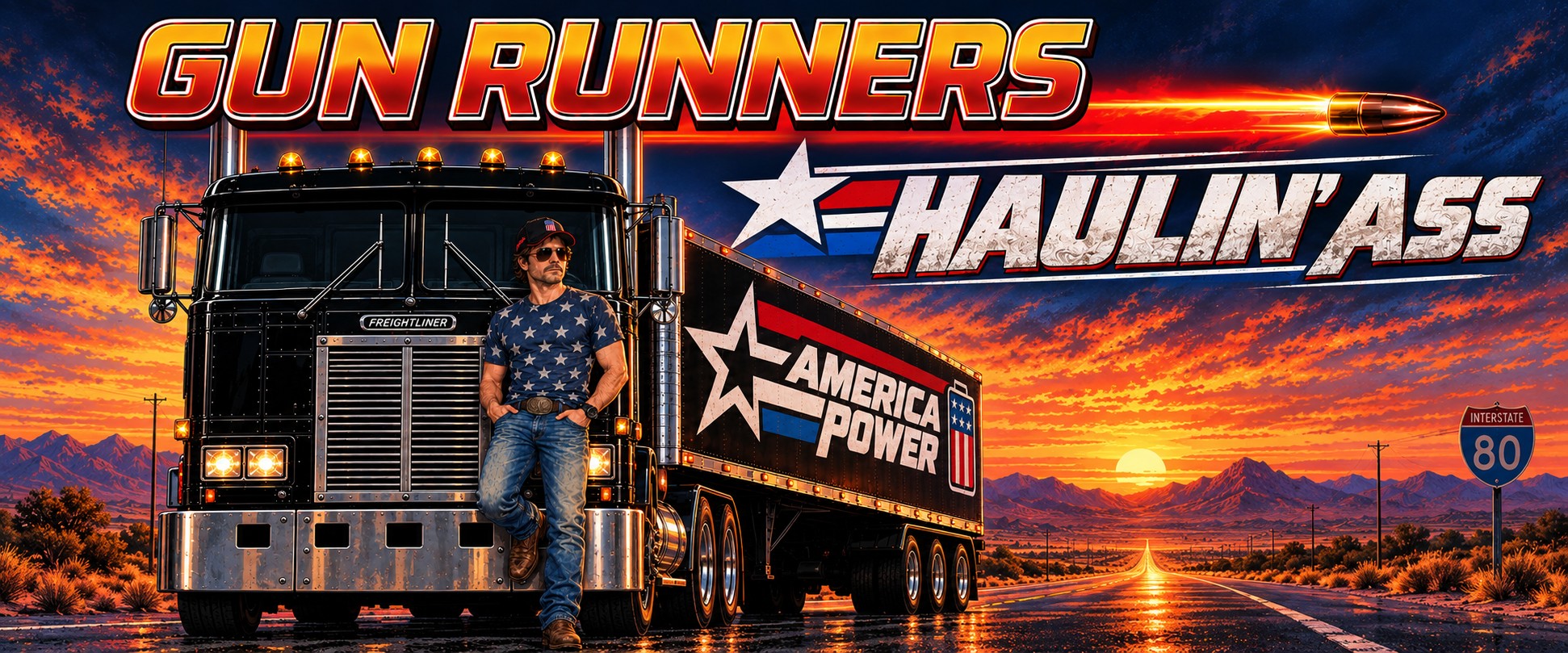 A trucker leaning against a black semi-truck cab on a Georgia interstate at sunset, America Power trailer behind him