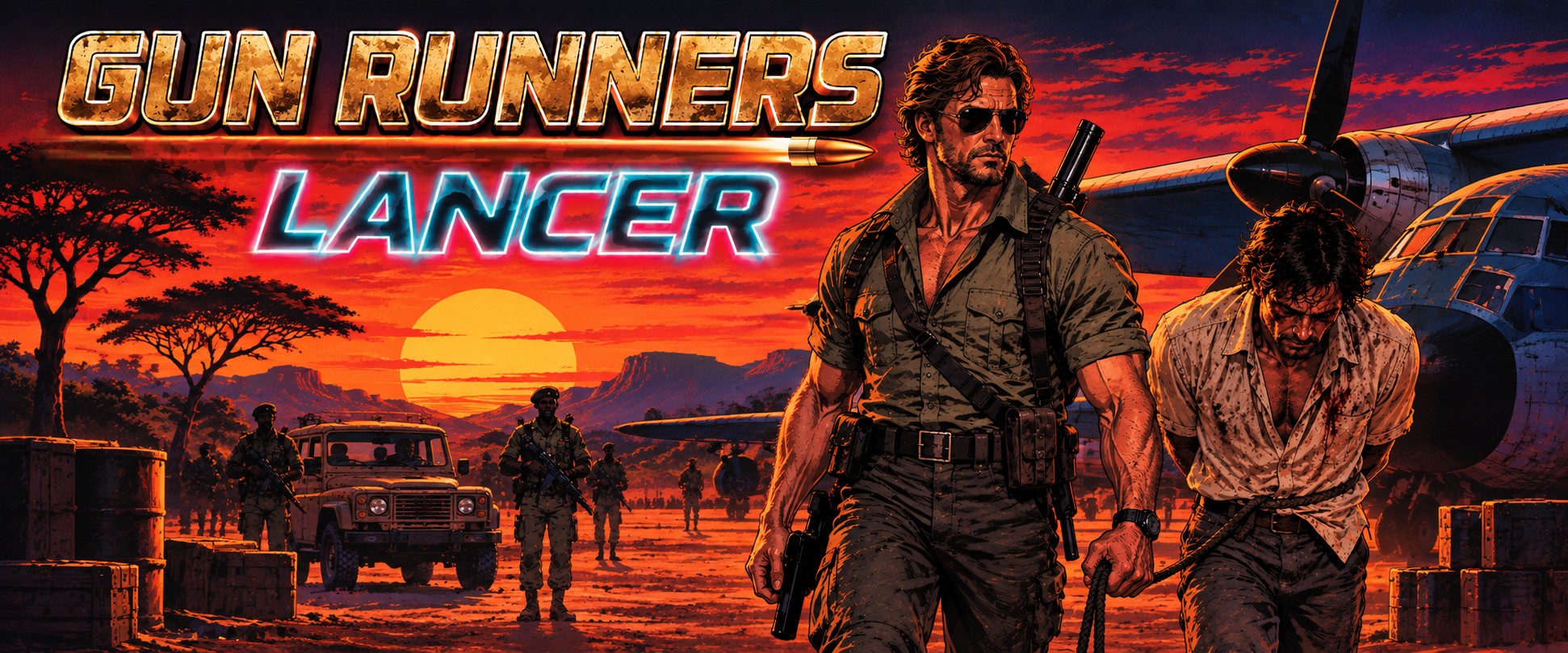A mercenary leading a bound prisoner across an African airstrip at sunset, cargo plane behind them
