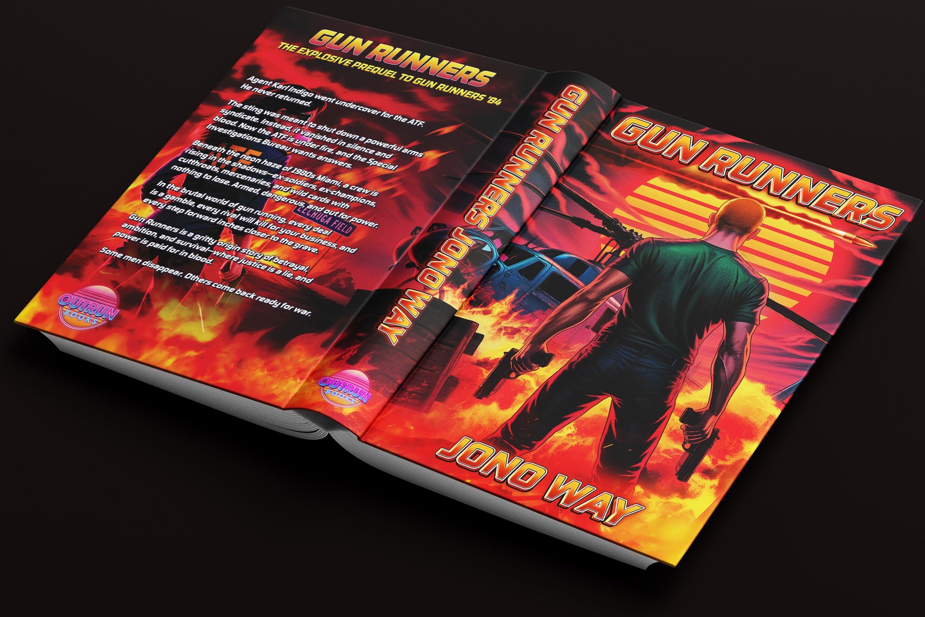 Gun Runners hardback jacket, front and back, laid open