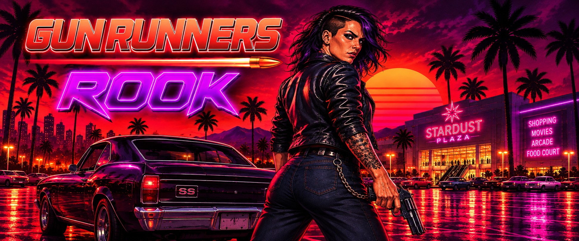 A woman with a revolver standing beside a purple El Camino outside a neon shopping mall at night